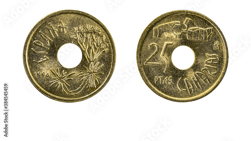 authentic Spanish 25 pesetas coin year 1994 obverse and reverse side on white background,macro close up