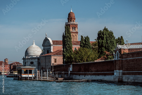 Side view of Entrance of St. Michele Graveyard in Venice on sunny day