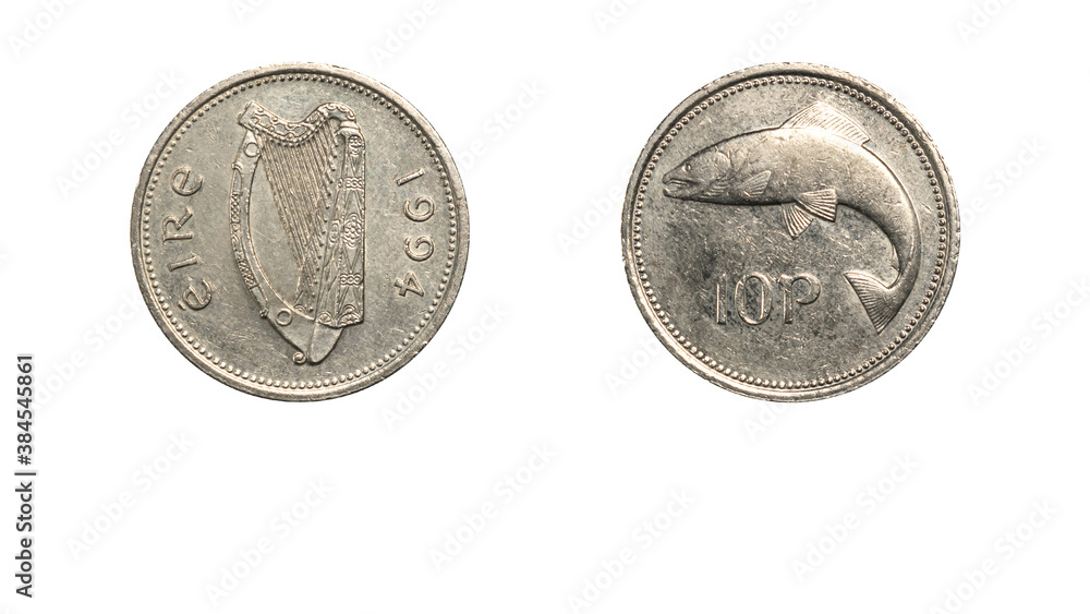 authentic Irish coin 10 pence year 1994 obverse and reverse side on white background,macro close up authentic Irish coin 10 pence year 1994 obverse and reverse side on white background,macro close up