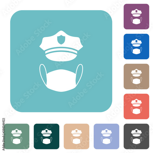 Police hat and medical face mask rounded square flat icons
