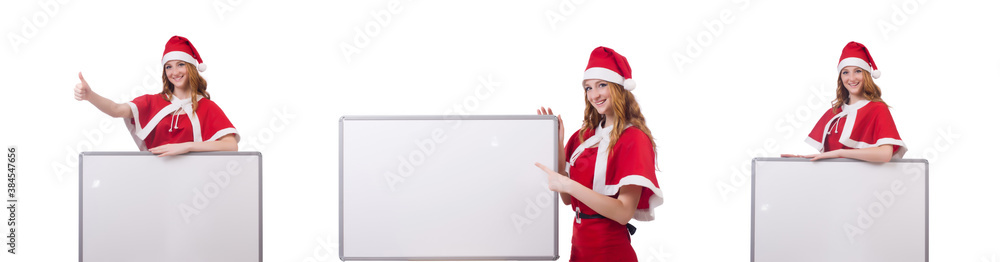 Young woman in red santa costume with blank board Young woman in red santa costume with blank board