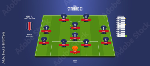 Football or soccer match lineups formation infographic. Set of football player position on soccer filed. Football kit or soccer jersey icon in flat design. Vector Illustration. photo
