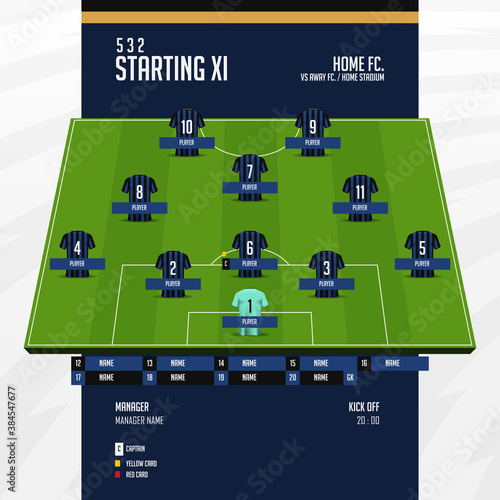 Football or soccer match lineups formation infographic. Set of football player position on soccer filed. Football kit or soccer jersey icon in flat design. Vector Illustration. photo