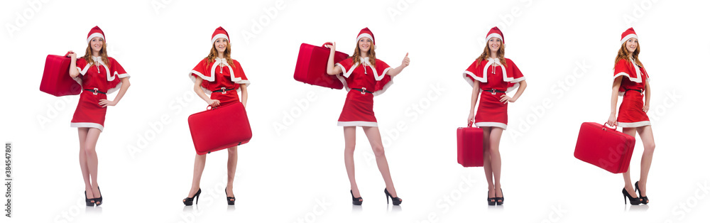 Young woman in red santa costume on white Young woman in red santa costume on white