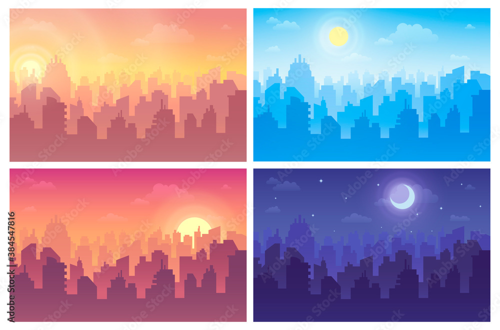 Change of night and day set. Cityscape during morning, afternoon, evening, midnight.