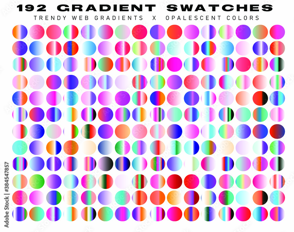 Set of holographic gradient swatches for trendy design. Synthwave retro chrome textures.
