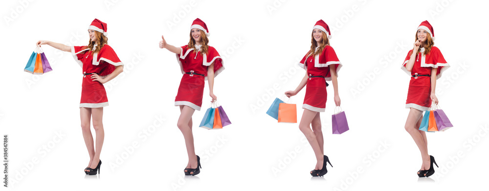 Young woman in red santa costume on white Young woman in red santa costume on white
