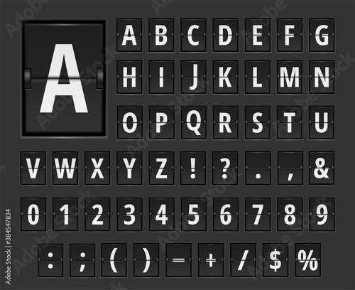 Flip board white font realistic set. Alphabet, numbers, punctuation marks. Letters, digits.
