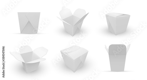 Paper boxes for chinese food mockups set. Disposable white packaging for noodles.