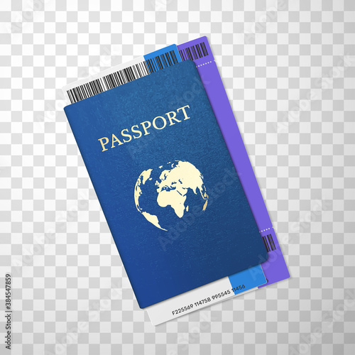 Passport with globe on blue cover and tickets inside realistic templates. Documents for travel abroad.