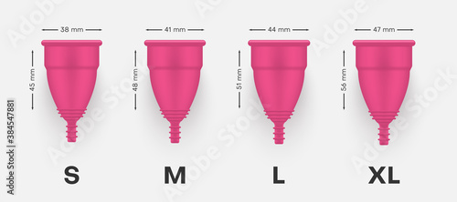 Menstrual cups of s, m, l, xl sizes realistic set. Feminine personal hygiene pink products.