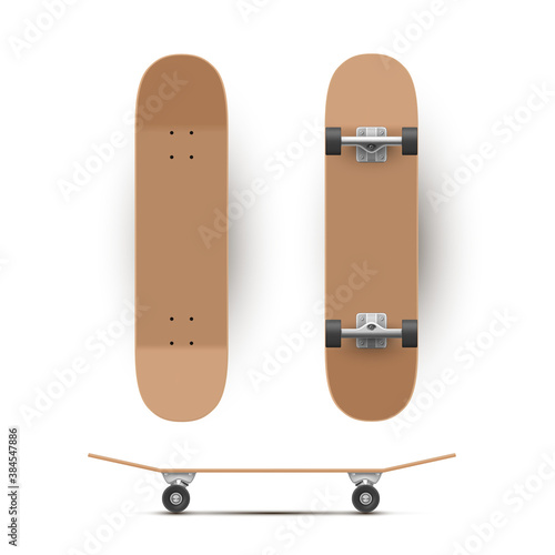 Skateboard wooden or plastic template in different angles. Sport equipment realistic mockups.