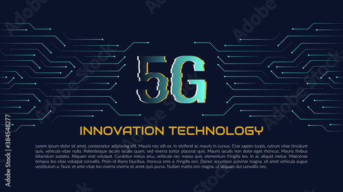 Concept, fifth generation network new technologies, 5G mobile wireless communications. Vector abstract banner, in digital techno style. Dark blue background, with computer bright elements. Copyspace.