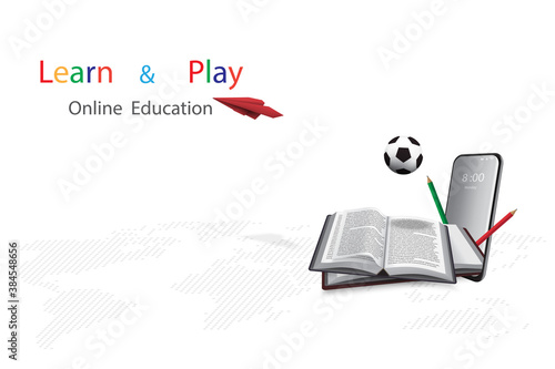 Online education with a concept of learning and play offers mobile phone, books, pencils, soccer ball and paper plane.