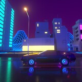 80s retrowave background 3d illustration. Futuristic neon car close up