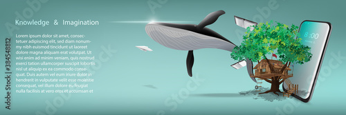 Online education with a concept of knowledge and imagination offers mobile phone, books, whale, tree house and paper plane.