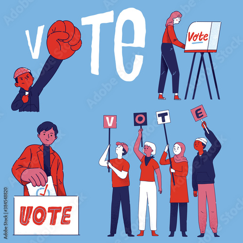 Vector set of man and parade give support voice and right for people to show unite to vote and fight for presidential election concept in cartoon flat style illustration isolated 