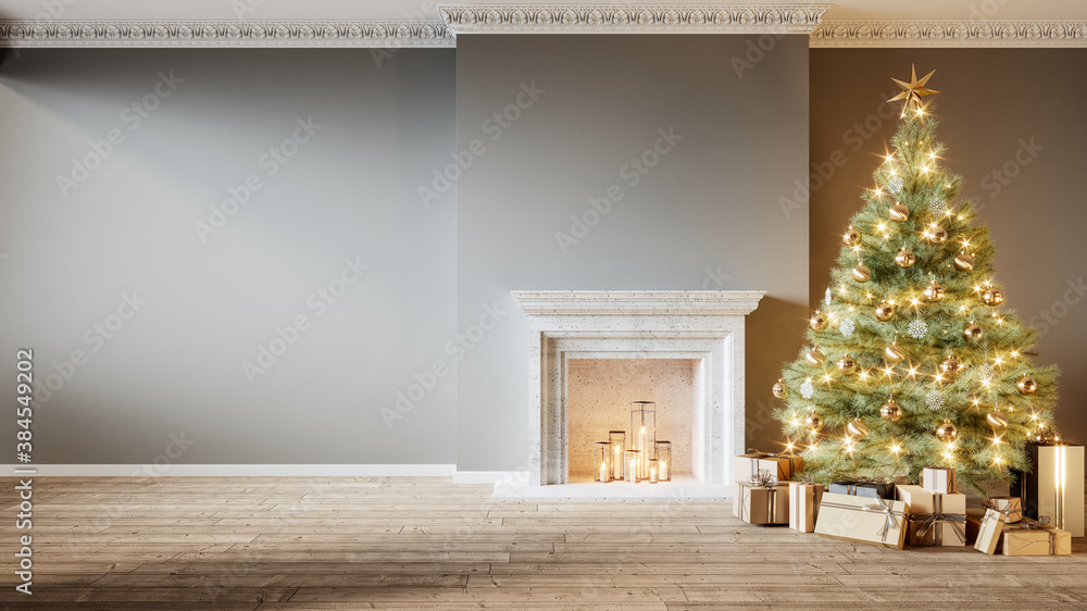 Fototapeta premium Modern classic gray empty interior with fireplace, christmas tree and gifts. 3d render illustration mock up