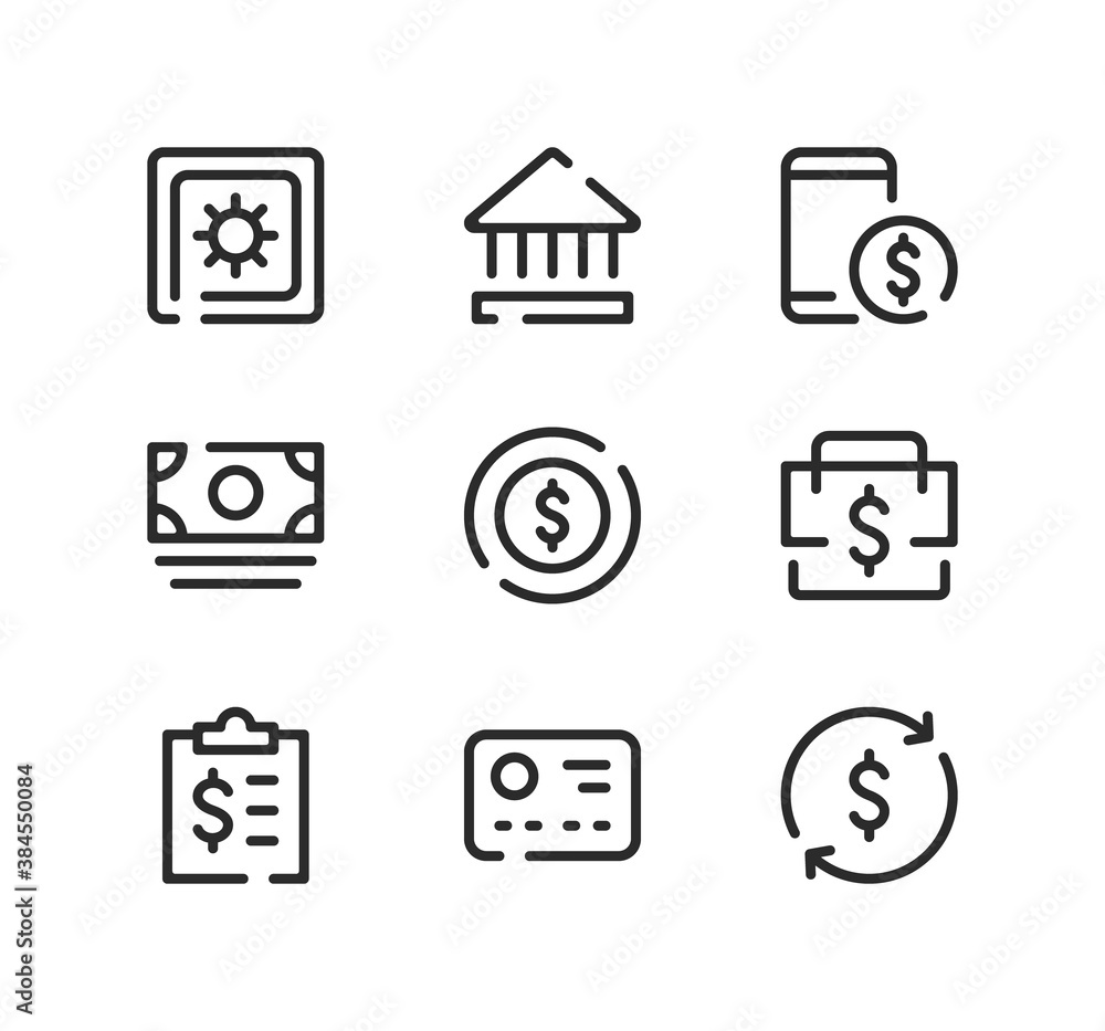 Financial line icons set. Modern graphic design concepts, black stroke linear symbols, simple outline elements collection. Vector line icons Financial line icons set. Modern graphic design concepts, black stroke linear symbols, simple outline elements collection. Vector line icons