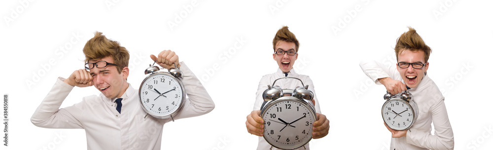 Funny doctor with alarm clock isolated on white Funny doctor with alarm clock isolated on white