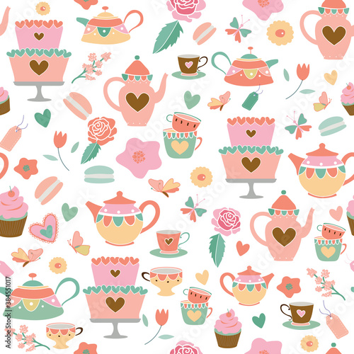 Vector coral pink sage green garden tea party seamless pattern background. Perfect for fabric, scrapbooking, wrapping paper, wallpaper projects