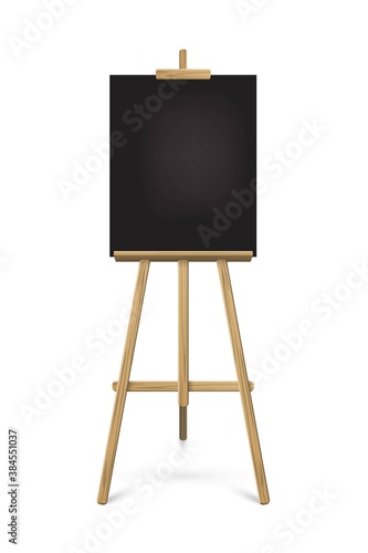 Easel with black vertical paper sheet. Vector realistic design element isolated on white background.