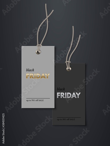 Black Friday price tags with sale mockup template set. Rectangle cards with grey strings for clothes with gold and silver text. Stickers on black background vector illustration. Realistic design.