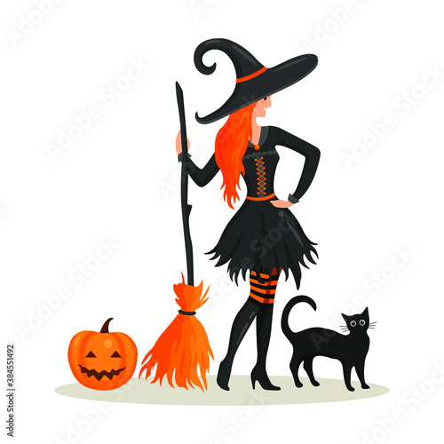 Halloween concept. Witch with pumpkin, black cat, broom isolated on white background. Vectot flat design