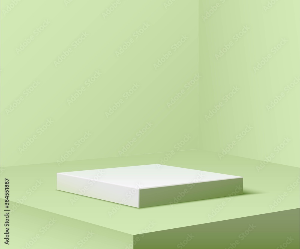 Green pastel square podium for product. 3d pedestal in spotlight vector illustration. Geometric stage on floor in room. Abstract realistic place for advertising or decoration Green pastel square podium for product. 3d pedestal in spotlight vector illustration. Geometric stage on floor in room. Abstract realistic place for advertising or decoration