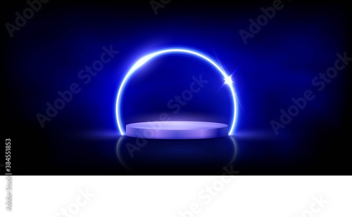 Glowing neon blue circle with sparkles in fog on podium. Abstract round electric light frame on black background. Geometric fashion design vector illustration. Empty minimal ring art decoration