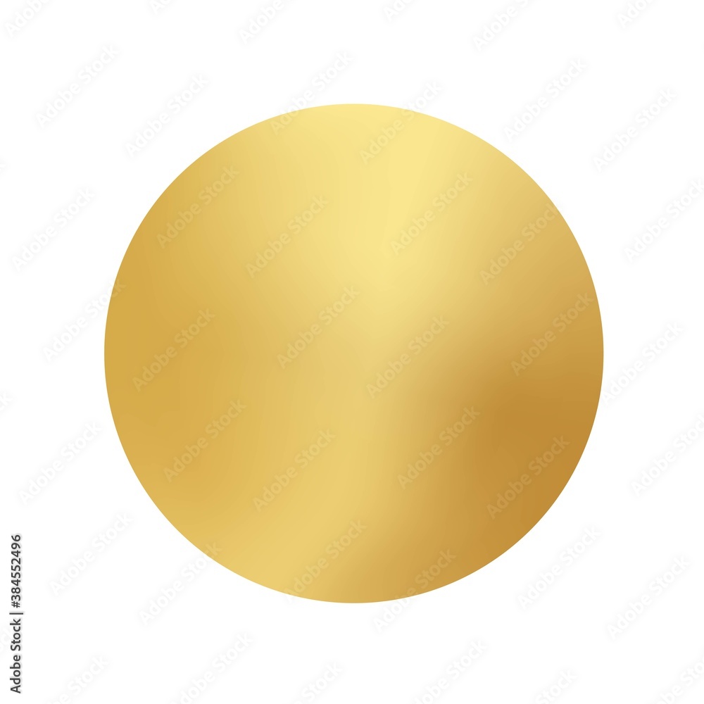 Gold round paper circle on white background. Shiny sphere object vector illustration. Abstract realistic vintage shape design decoration. Bright yellow symbol or element