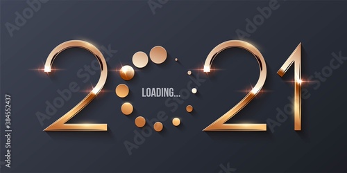 Happy 2021 new year loading concept. Gold icon of number showing progress with dots. Holiday decoration or invitation card vector illustration. Shiny modern sign downloading
