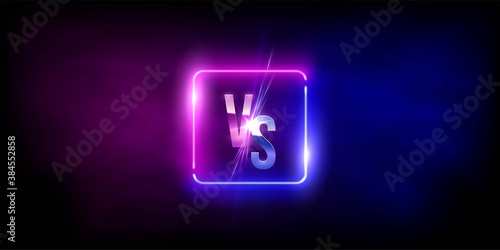 Versus VS sign in neon square frame in fog background. Laser glowing pink and blue lines with soft light effect. Vector illustration of realistic mockup, template for game design, retrowave style.