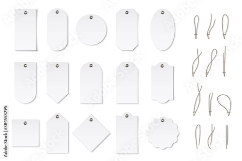 Price or label tags mockup template set. Blank cards and strings for gifts or sales with different shapes: round, rectangle, square. Empty stickers with information message vector illustration