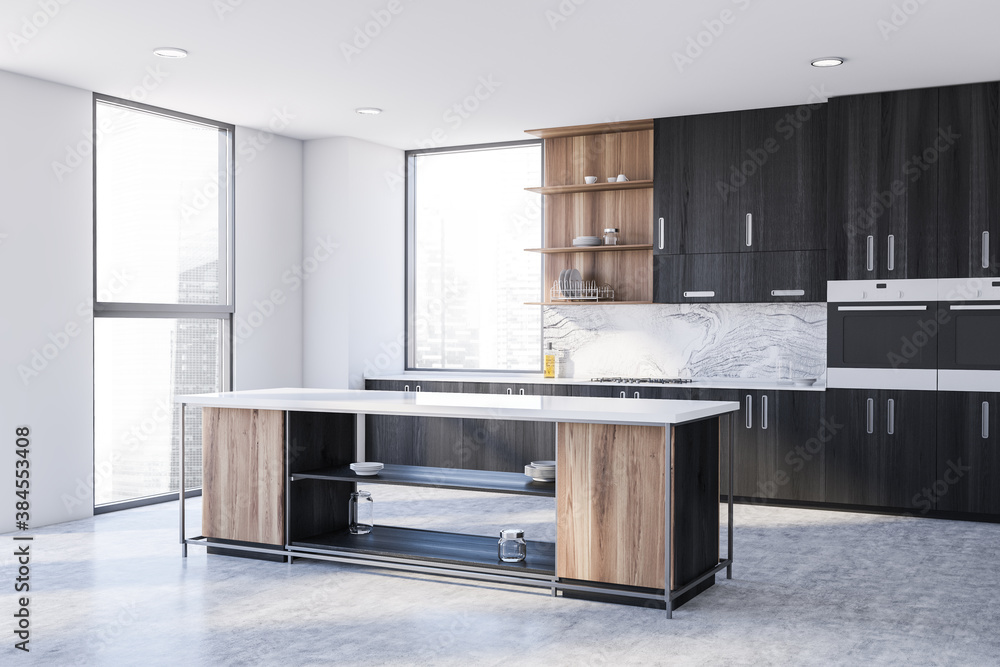 White and black kitchen corner with cabinets and island - obrazy, fototapety, plakaty 