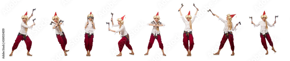Young woman with tomahawk in hand Young woman with tomahawk in hand