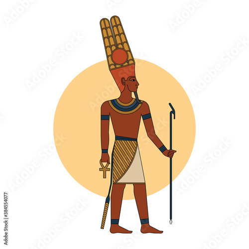 The ancient Egyptian god Amon-ra in colored isolated vector illustration.