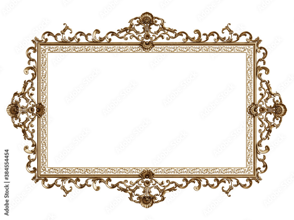 Classic golden frame with ornament decor isolated on white background