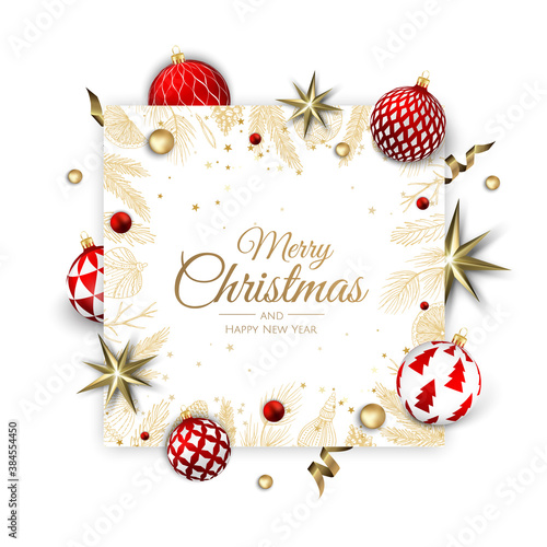 Merry Christmas and Happy New Year Holiday. Xmas design with realistic vector 3d objects, golden christmass ball, snowflake, glitter gold confetti.