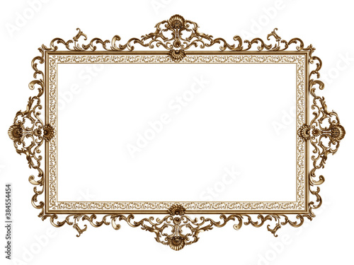 Classic golden frame with ornament decor isolated on white background