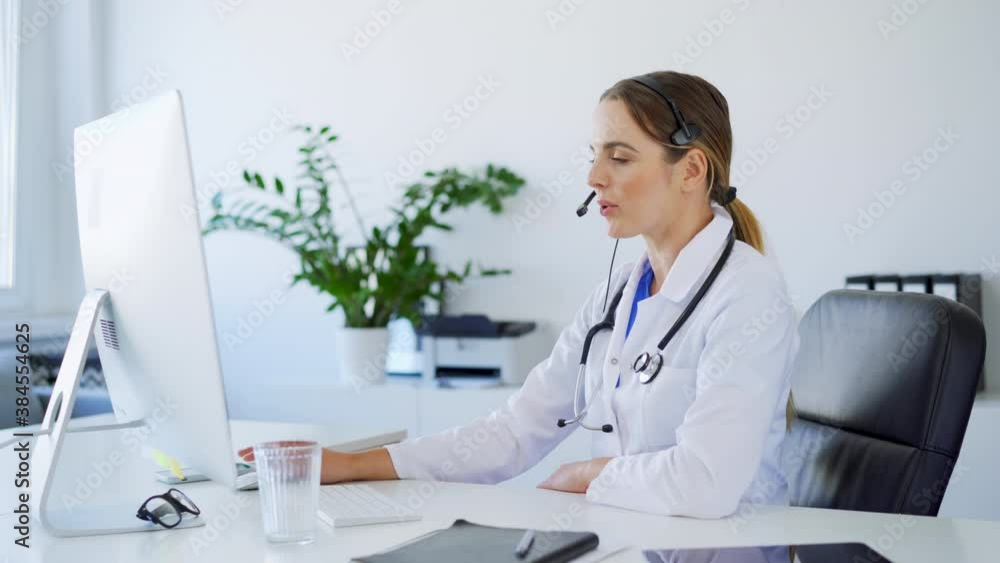 Online consultation, female doctor with headset working as virtual consultant. Online consultation, female doctor with headset working as virtual consultant.