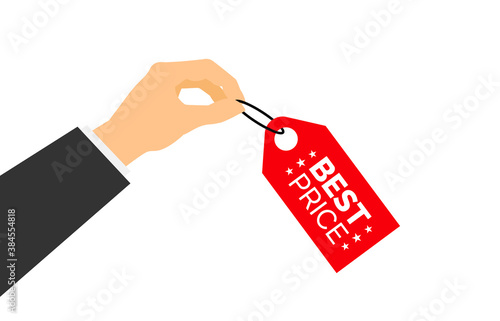 businessman hand holding sales red label best price on white background