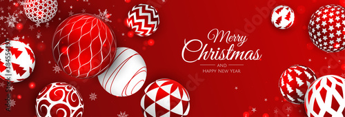 Merry Christmas and Happy New Year Holiday. Xmas design with realistic vector 3d objects, golden christmass ball, snowflake, glitter gold confetti.