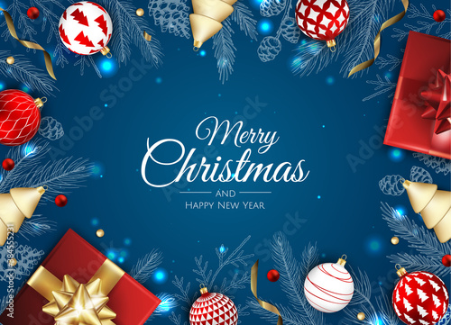 Merry Christmas and Happy New Year Holiday. Xmas design with realistic vector 3d objects, golden christmass ball, snowflake, glitter gold confetti. photo