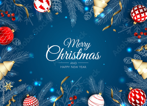 Merry Christmas and Happy New Year Holiday. Xmas design with realistic vector 3d objects, golden christmass ball, snowflake, glitter gold confetti.