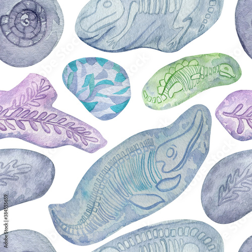 Colorful fossils clip-art watercolor seamless pattern. Cute paleontology pattern for children textile. © galunga.art