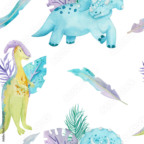 Blue dinosaur clip-art with tropical leaves watercolor seamless pattern. Dino endless background. Cute pattern for children textile. photo