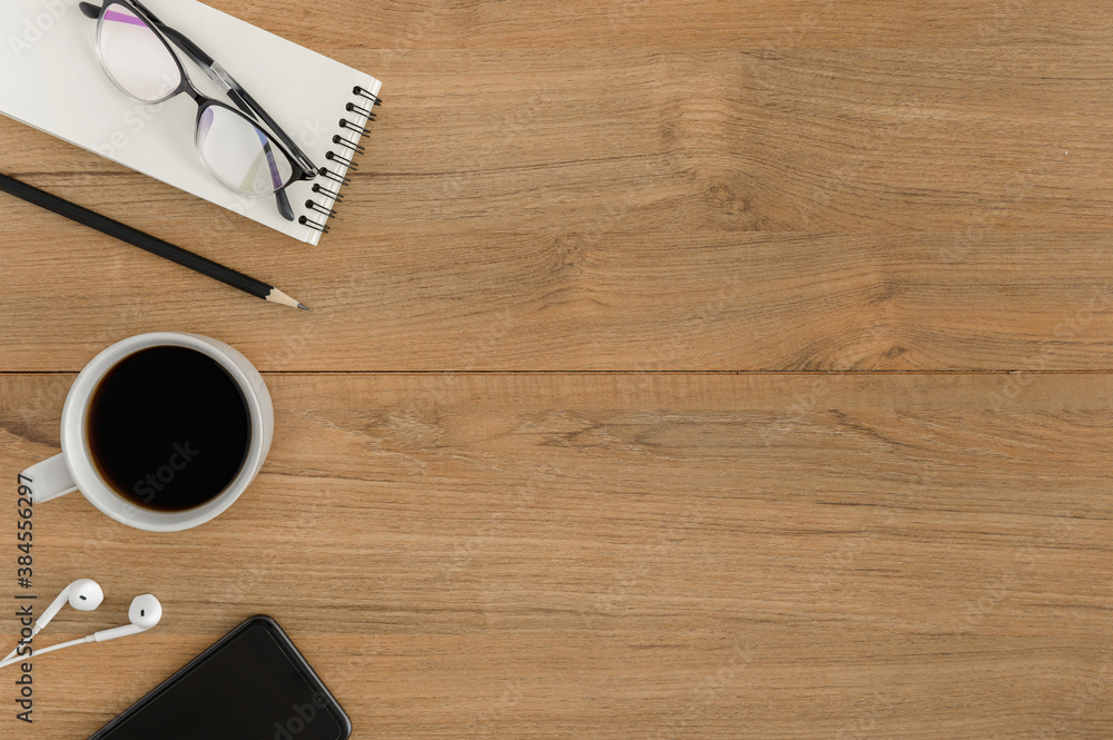 Flat lay, top view wooden office desk Workspace Flat lay, top view wooden office desk Workspace