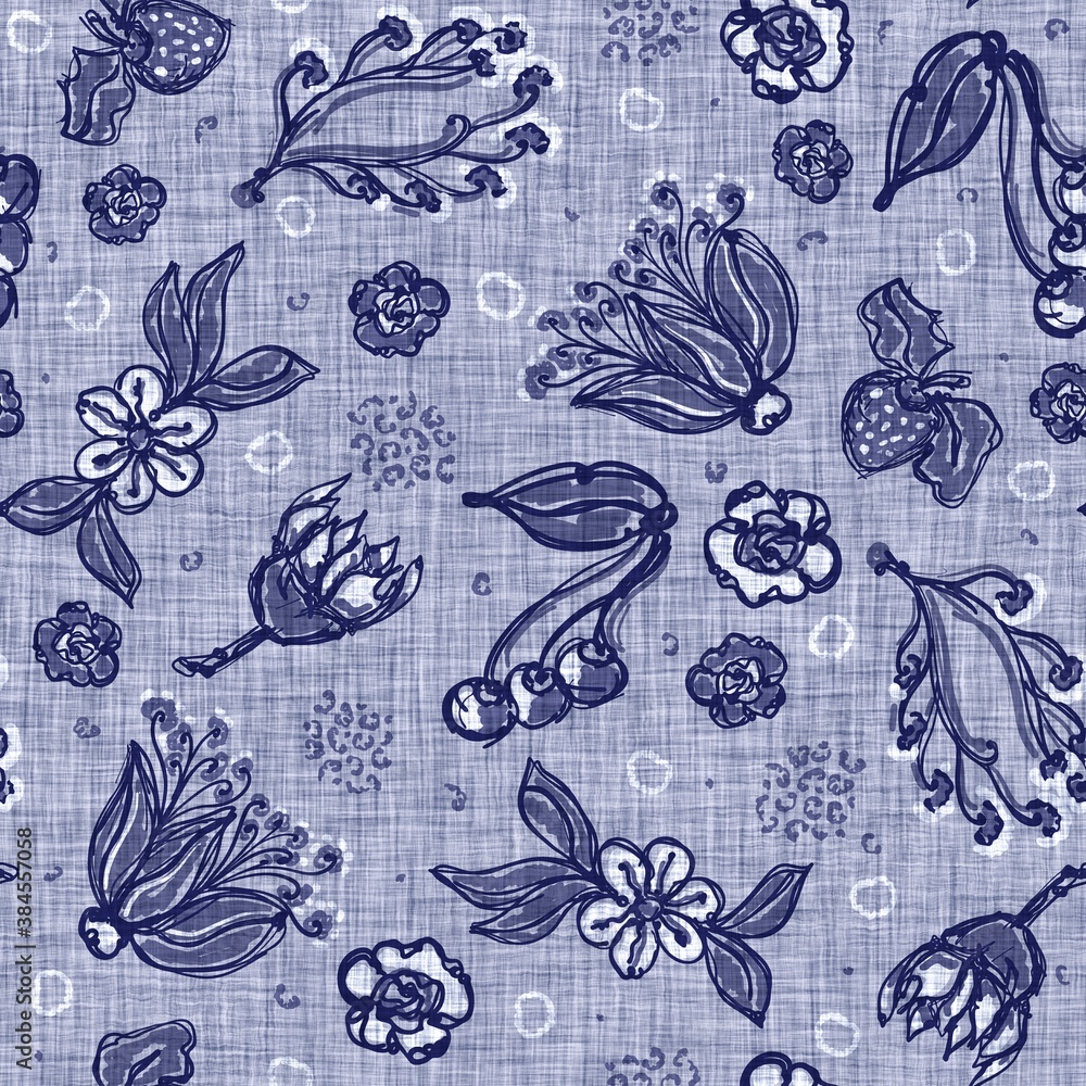 Indigo blue flower block print dyed linen texture background. Seamless