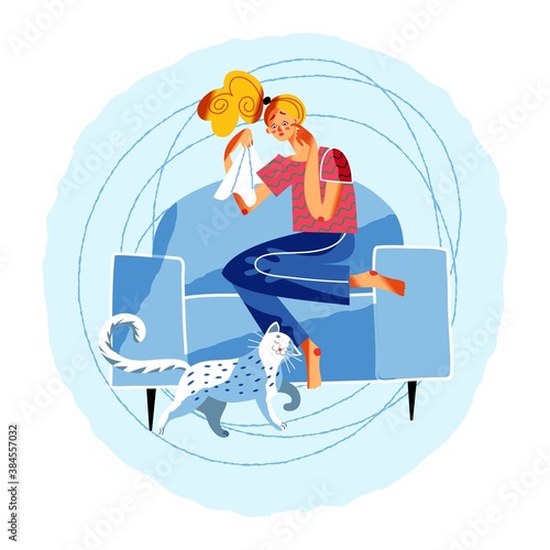 Cat comforts sad crying woman. Empathy, compassion and love vector illustration. Girl feeling depressed, grief or sorrow, crying. Consoling and love, pet giving comfort at home